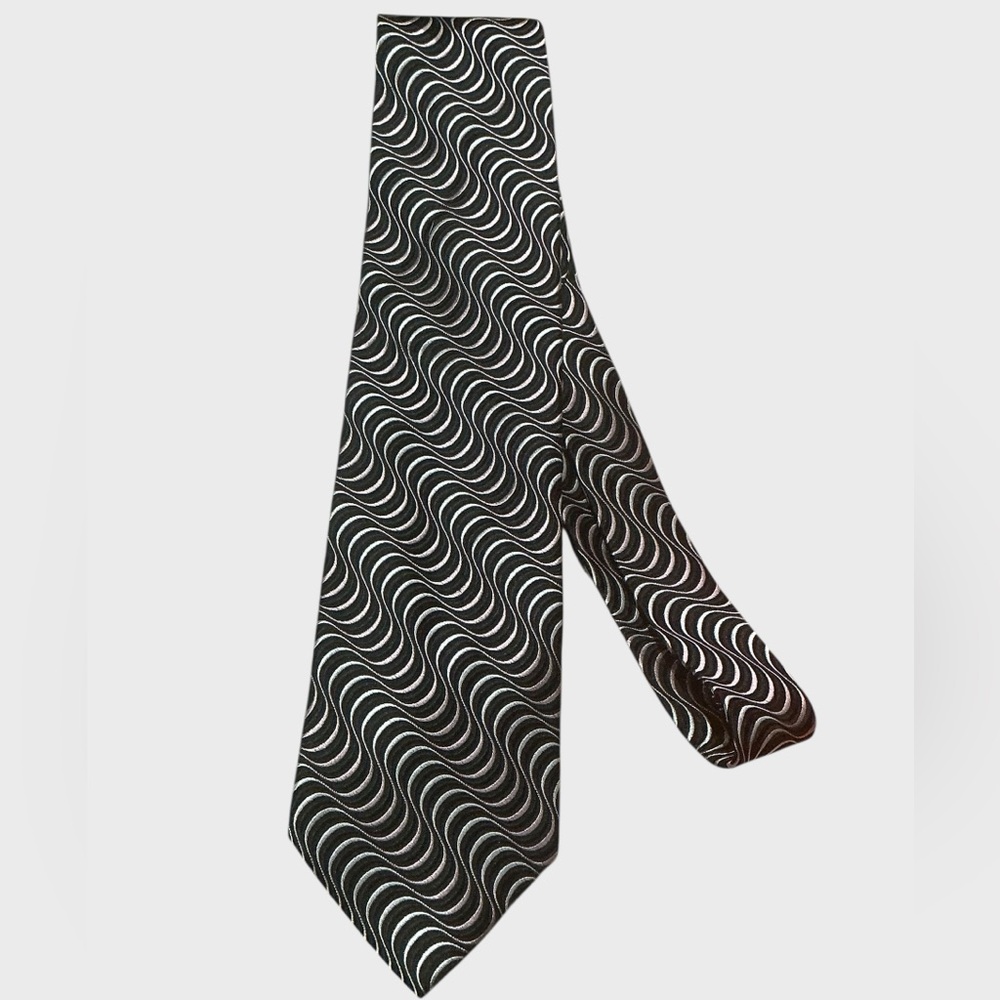 Pierre Cardin Wave Pattern Silk Tie Black Gray Retro Psychedelic